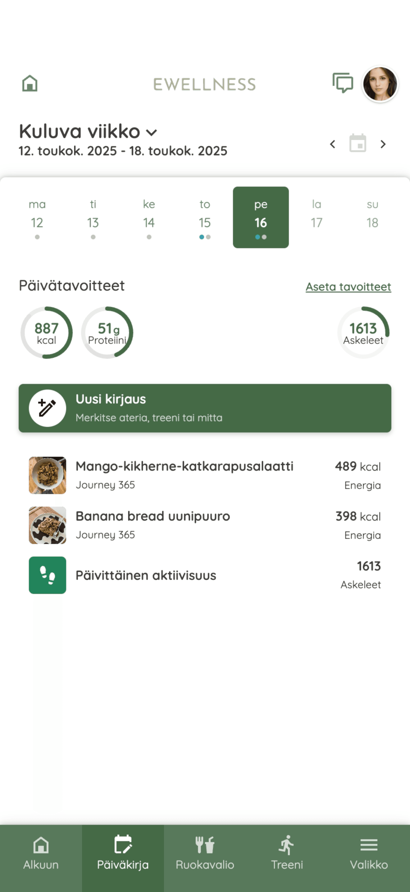 Brändätty asiakassovellus: päiväkirjanäkymä
