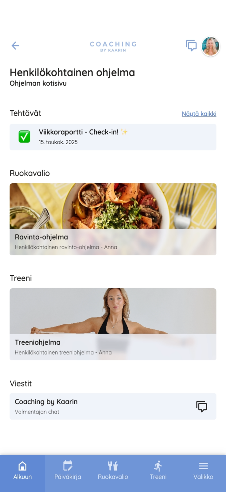 Asiakkaan etusivu, jossa odottaa tsekkaustehtävä
