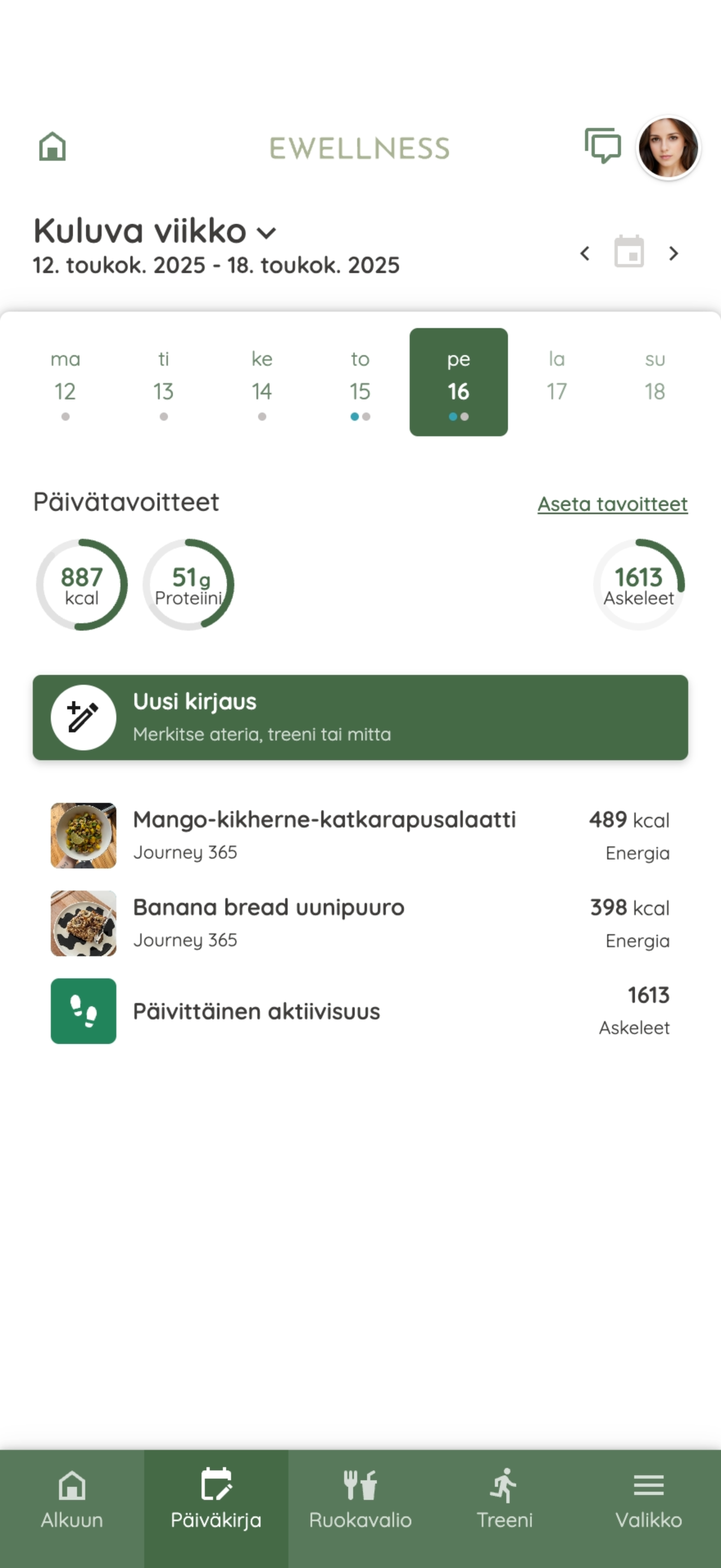 Brändätty asiakassovellus: päiväkirjanäkymä